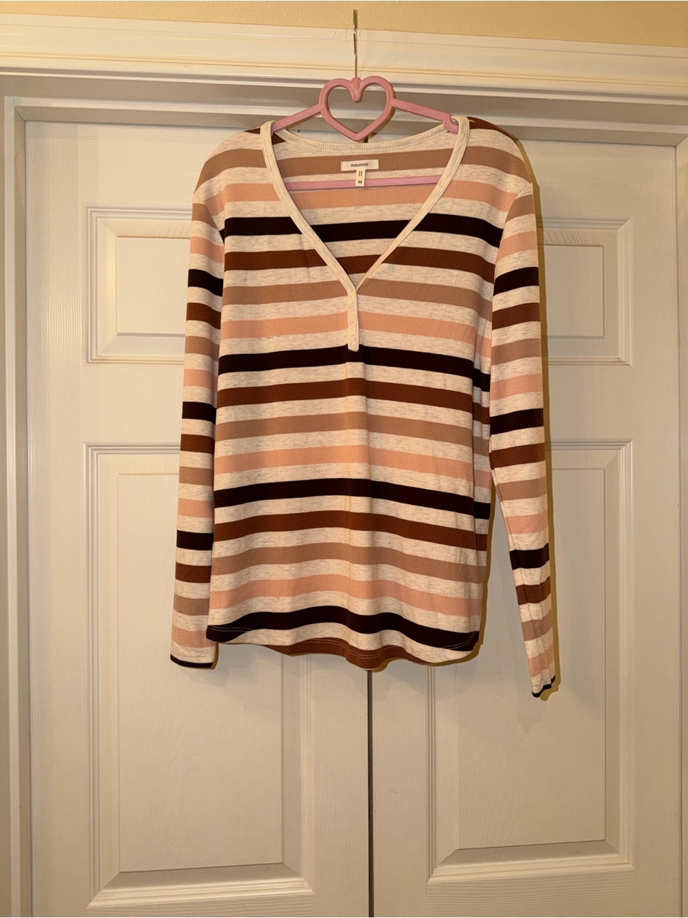 Maurices Brown & Cream Striped V-Neck Long Sleeve Top